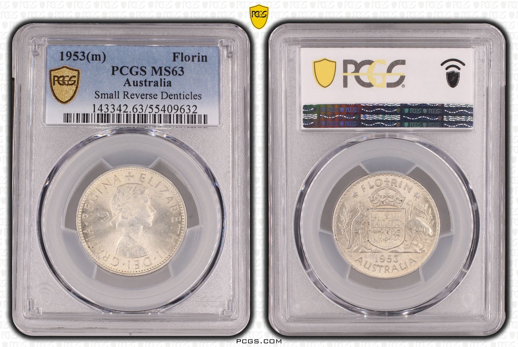 Elizabeth II, Small Reverse Denticles, Florin, 1953(m), PCGS MS63