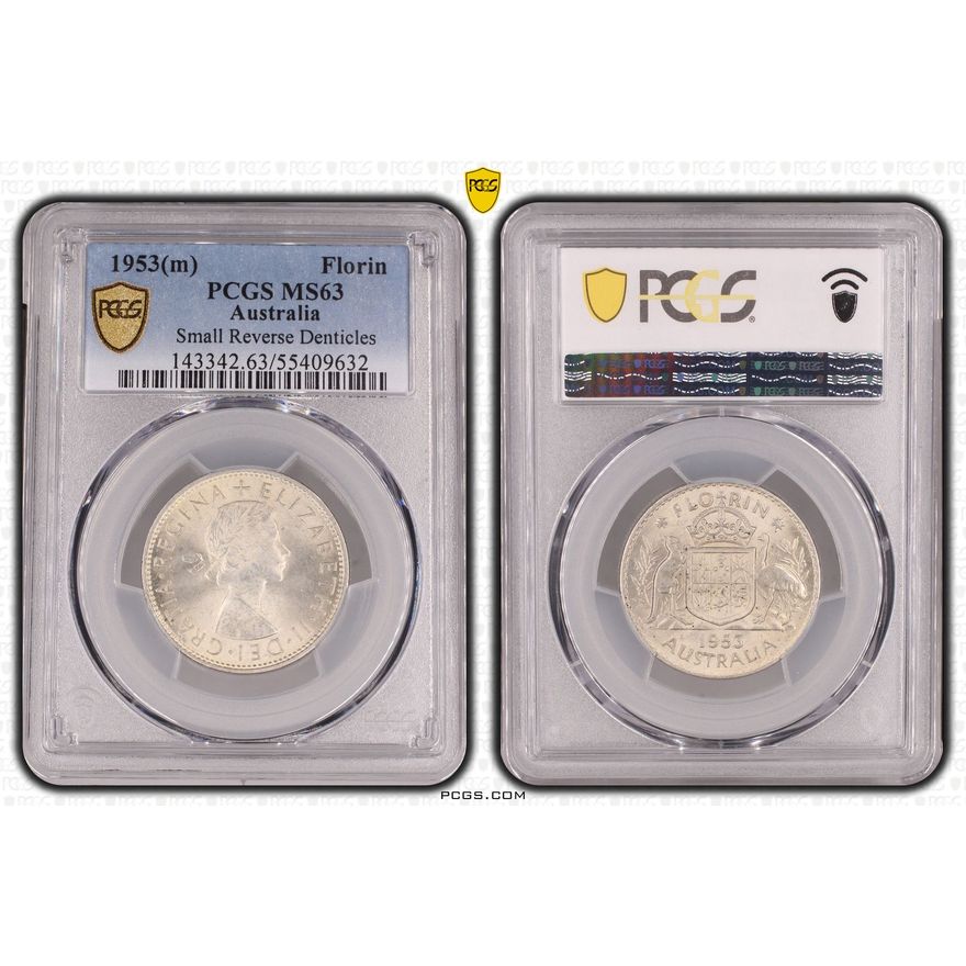 Elizabeth II, Small Reverse Denticles, Florin, 1953(m), PCGS MS63