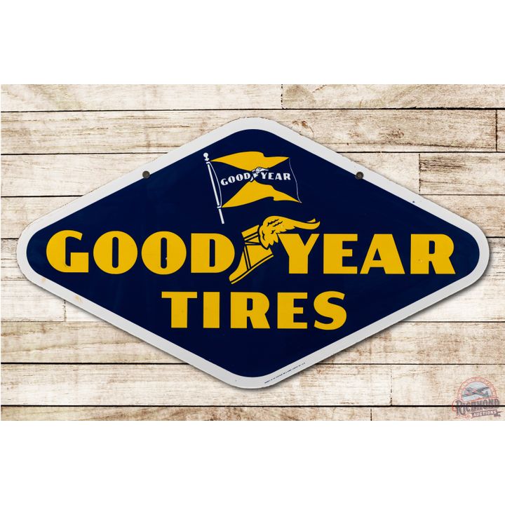 Goodyear Tires Double Sided Porcelain Sign w/ Flag & Wing Foot Logo