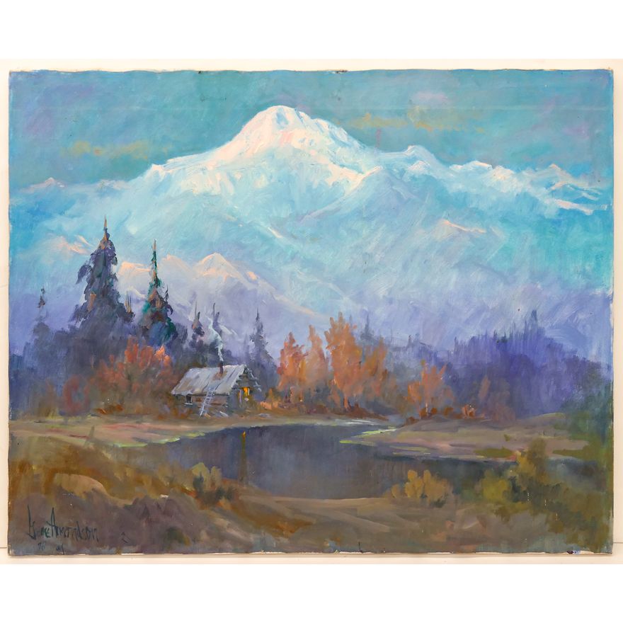 Gene Amondson ''Cabin under Mountains at Dusk'' 1998 Oil