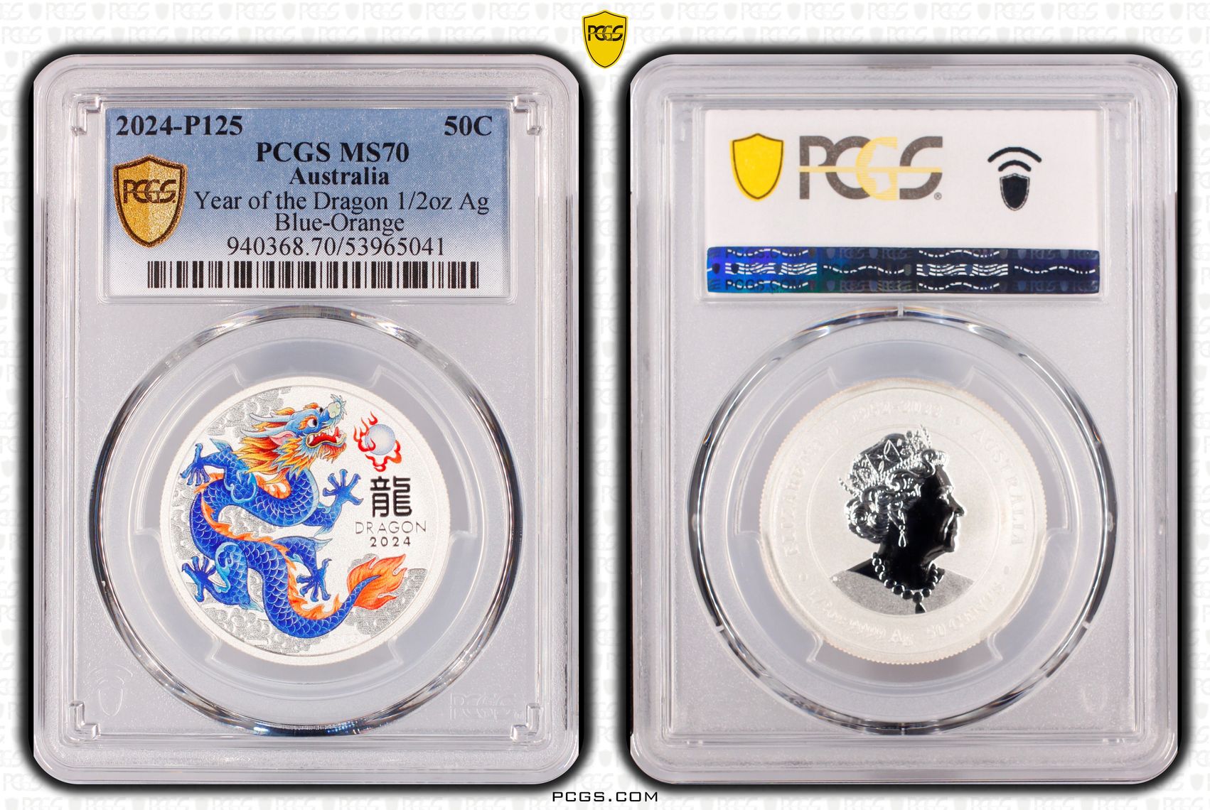 210 · Year of the Dragon 1/2oz Ag Blue-Orange, POP 1/0, Fifty Cent, 2024-P125, PCGS MS70
