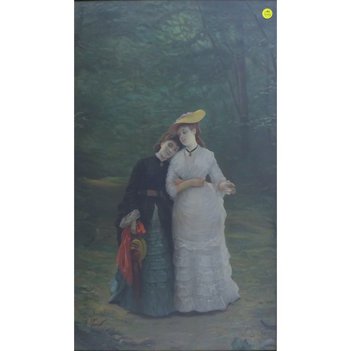Victorian W. Amberg ''Girl Couple'' Lithograph Gilt Framed 33''x22''