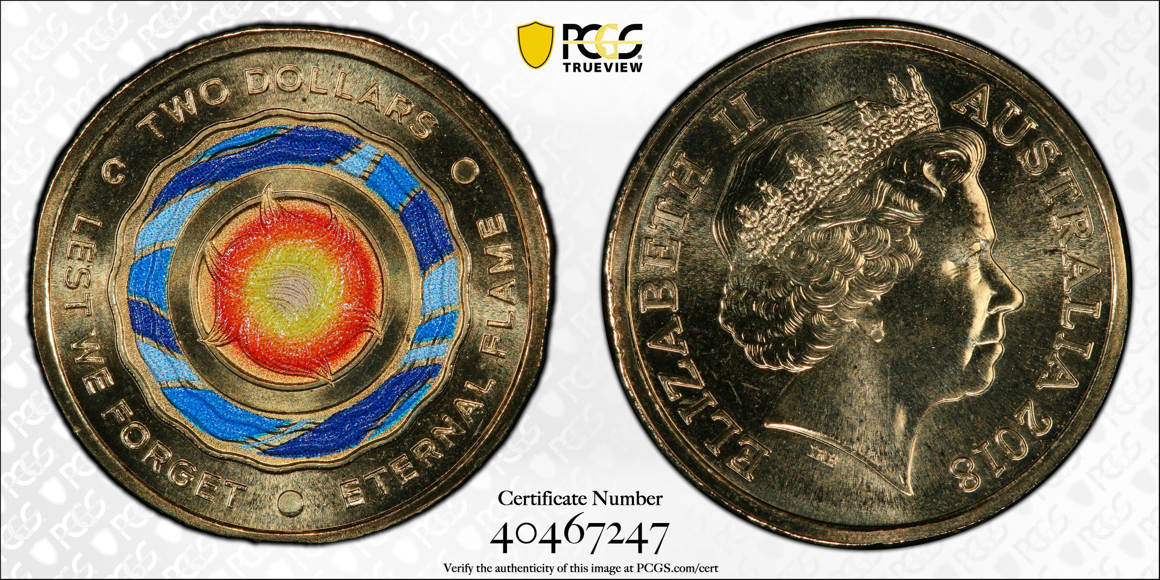 Lest We Forget Eternal Flame Colourised, Two Dollar, 2018-C, PCGS MS67