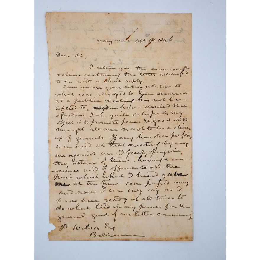MANUSCRIPT LETTER - Rev Richard Taylor to P. Wilson, Belhausen