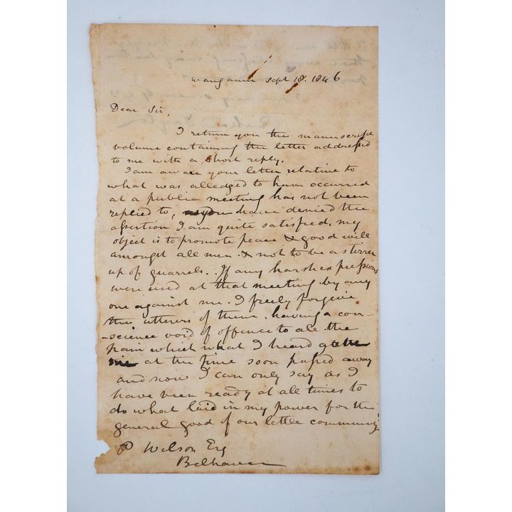 MANUSCRIPT LETTER - Rev Richard Taylor to P. Wilson, Belhausen