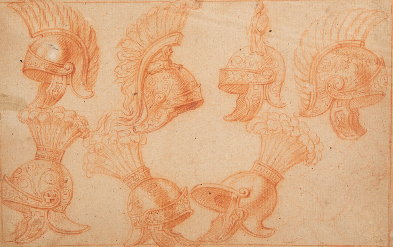 An Italian Sanguine Drawing on Paper, Depicting Armature and Helmets
Sheet 7 1/2 x 12 inches.