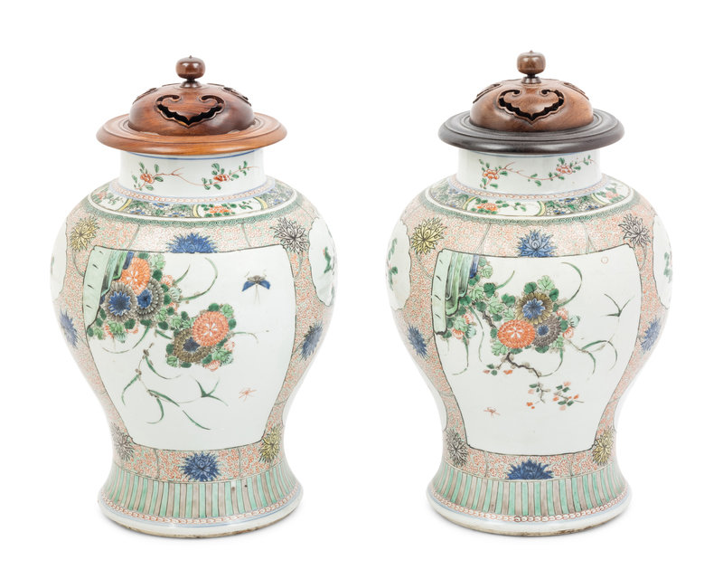 A Pair of Famille Verte Porcelain Baluster Jars
Height of each 16 1/2 in., 42 cm.