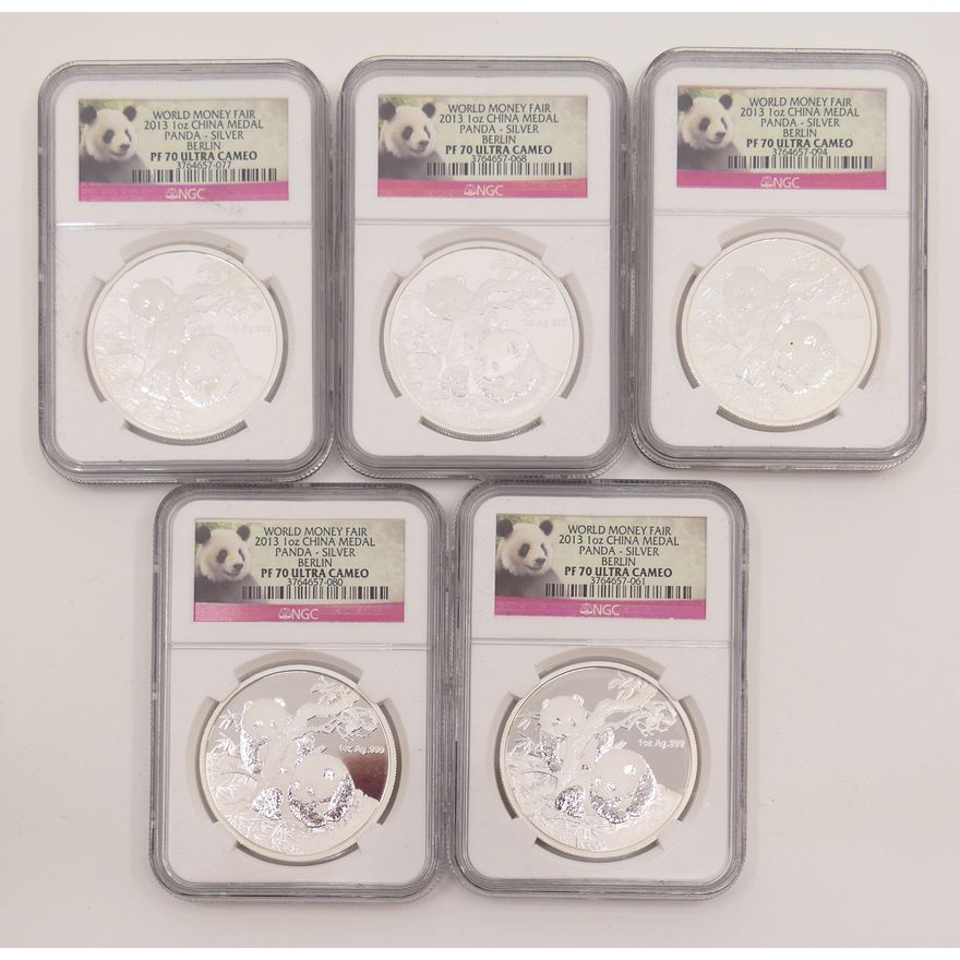 5pc World Money Fair 2013 1oz Silver China Panda Proof Medal Berlin, NGC PF70 Ultra Cameo