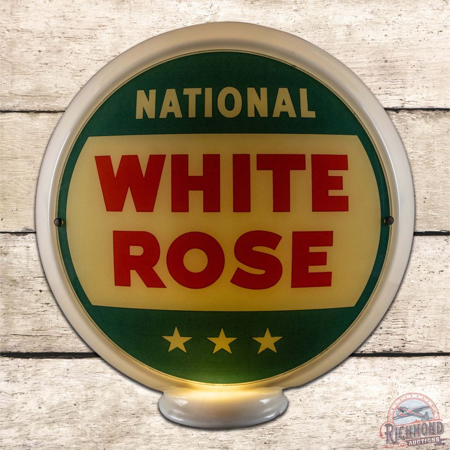 National White Rose Gasoline 13.5" Milk Glass Gas Pump Globe Complete