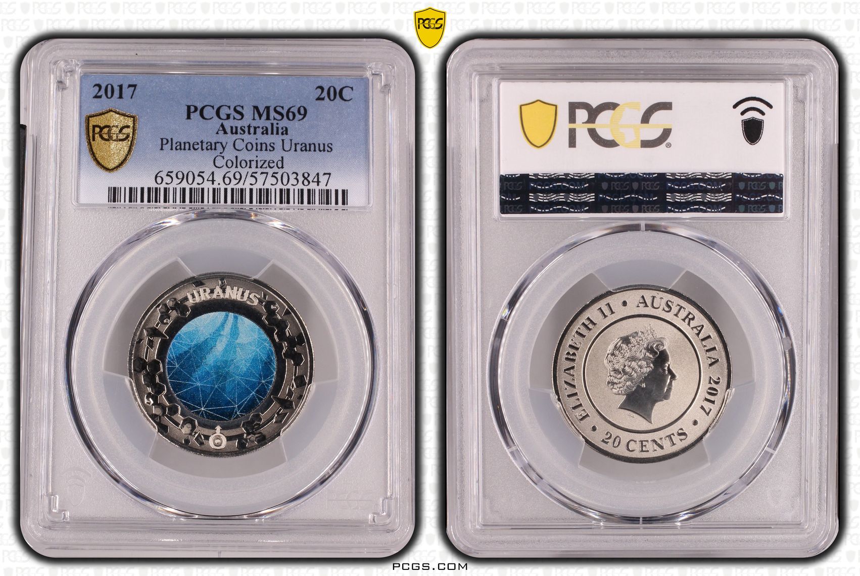 Planetary Coins Uranus Colourised, Twenty Cent, 2017, PCGS MS69