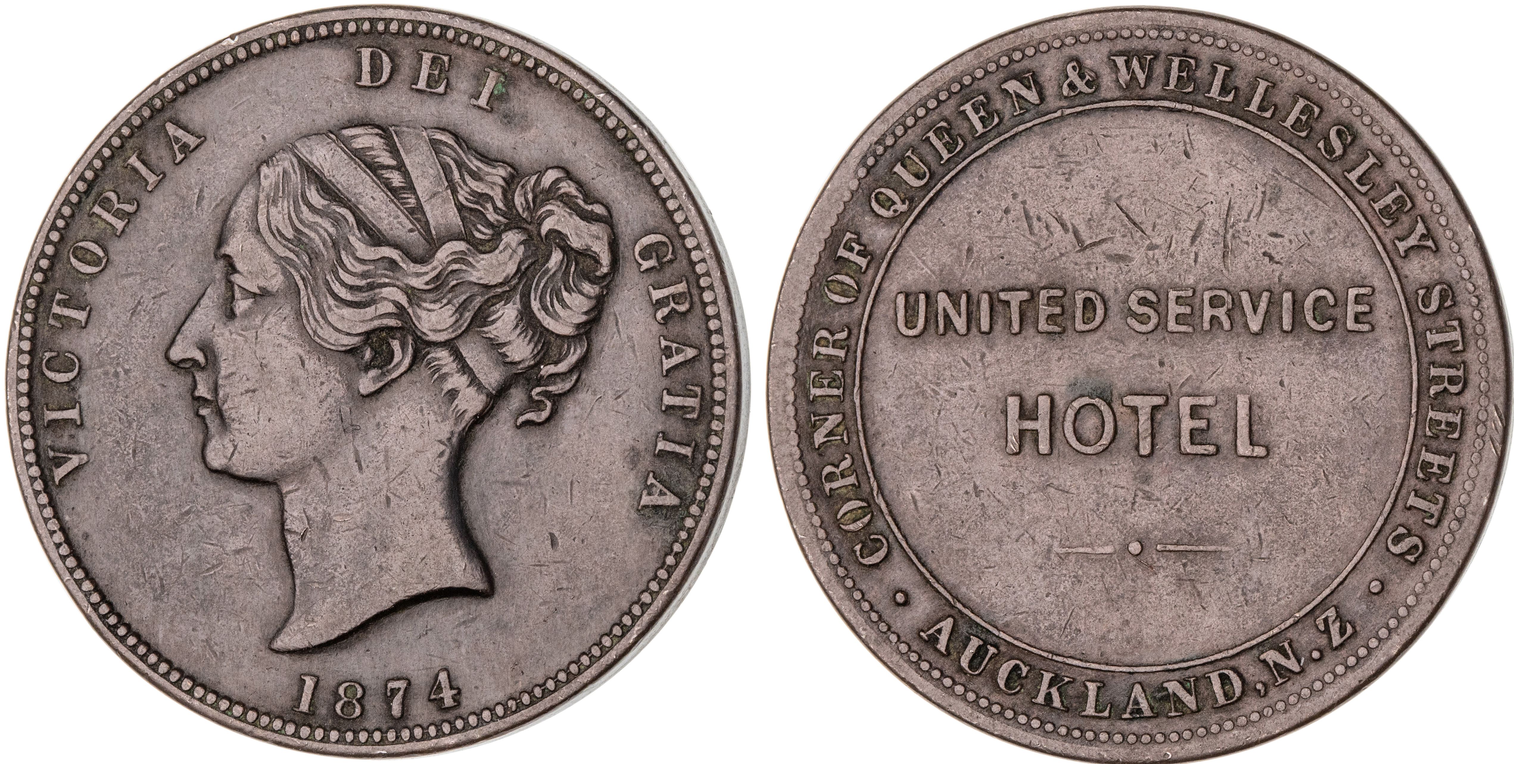 New Zealand, United Service Hotel, Penny, 1874, gVF