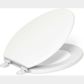 ELONGATED 18-5/8' W X 14-3/16' D KOHLER K-4694-0 RIDGEWOOD MOLDED-WOOD WITH COLOR-MATCHED PLASTIC HINGES ELONGATED TOILET SEAT, WH