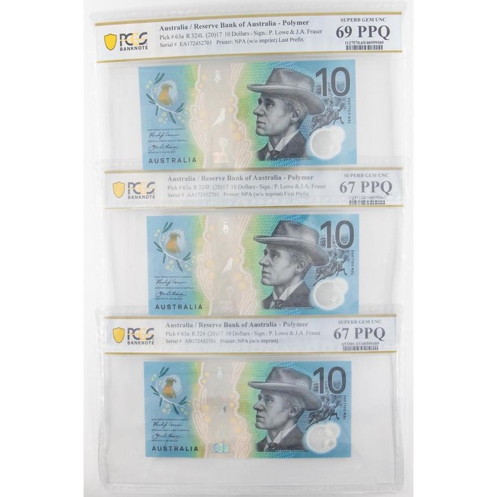 Lowe/Fraser, Polymer, First/Last Prefix, Ten Dollar, 2017, PCGS Superb Gem UNC 67/68 PPQ