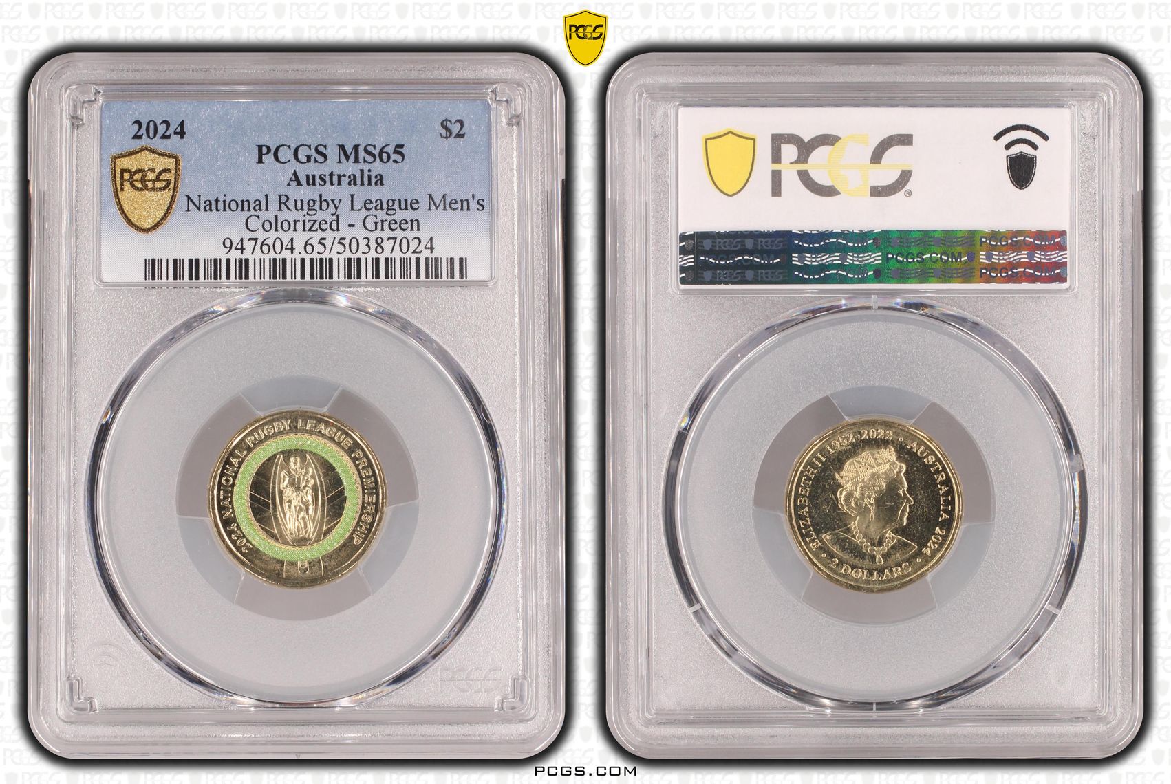Elizabeth II, National Rugby League Men's Colorized - Green , Two Dollar, 2024, PCGS MS65