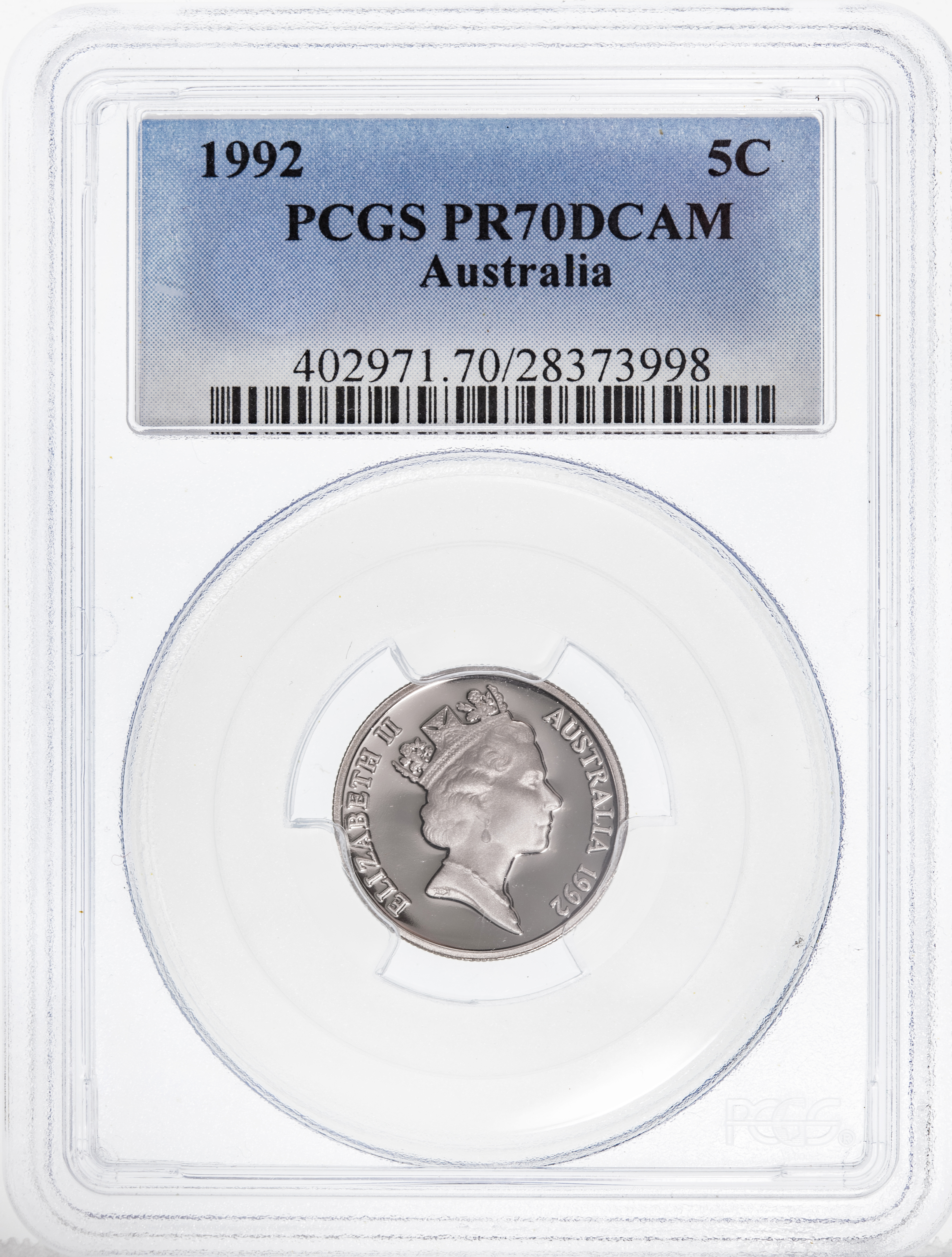 Top pop, Five Cent, 1992, PCGS PR70DCAM