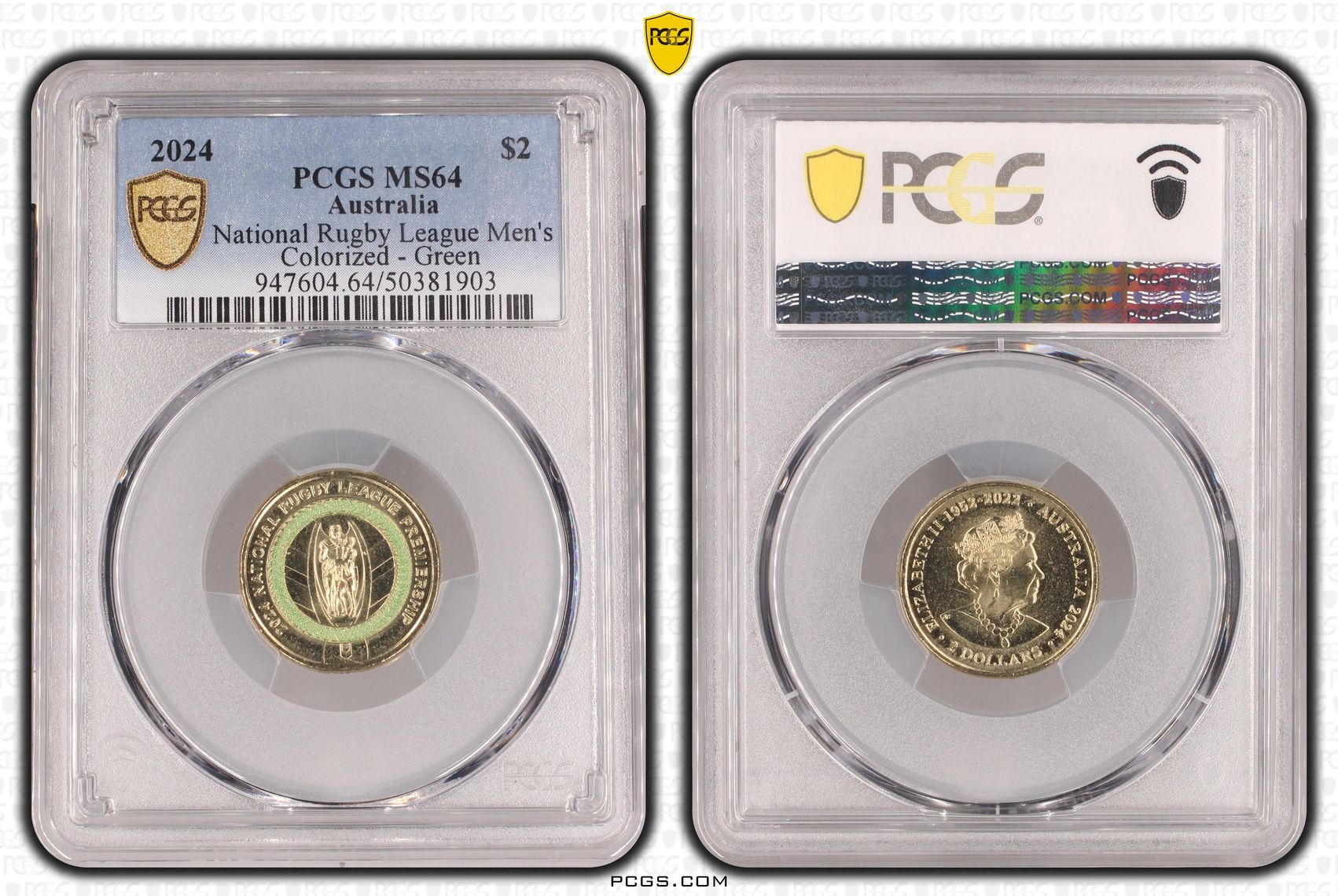Elizabeth II, National Rugby League Men's Colorized - Green , Two Dollar, 2024, PCGS MS64