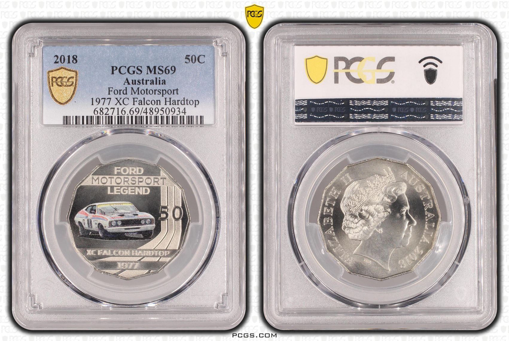 Elizabeth II, Ford Motorsport - 1977 XC Falcon Hardtop , Fifty Cent, 2018, PCGS MS69