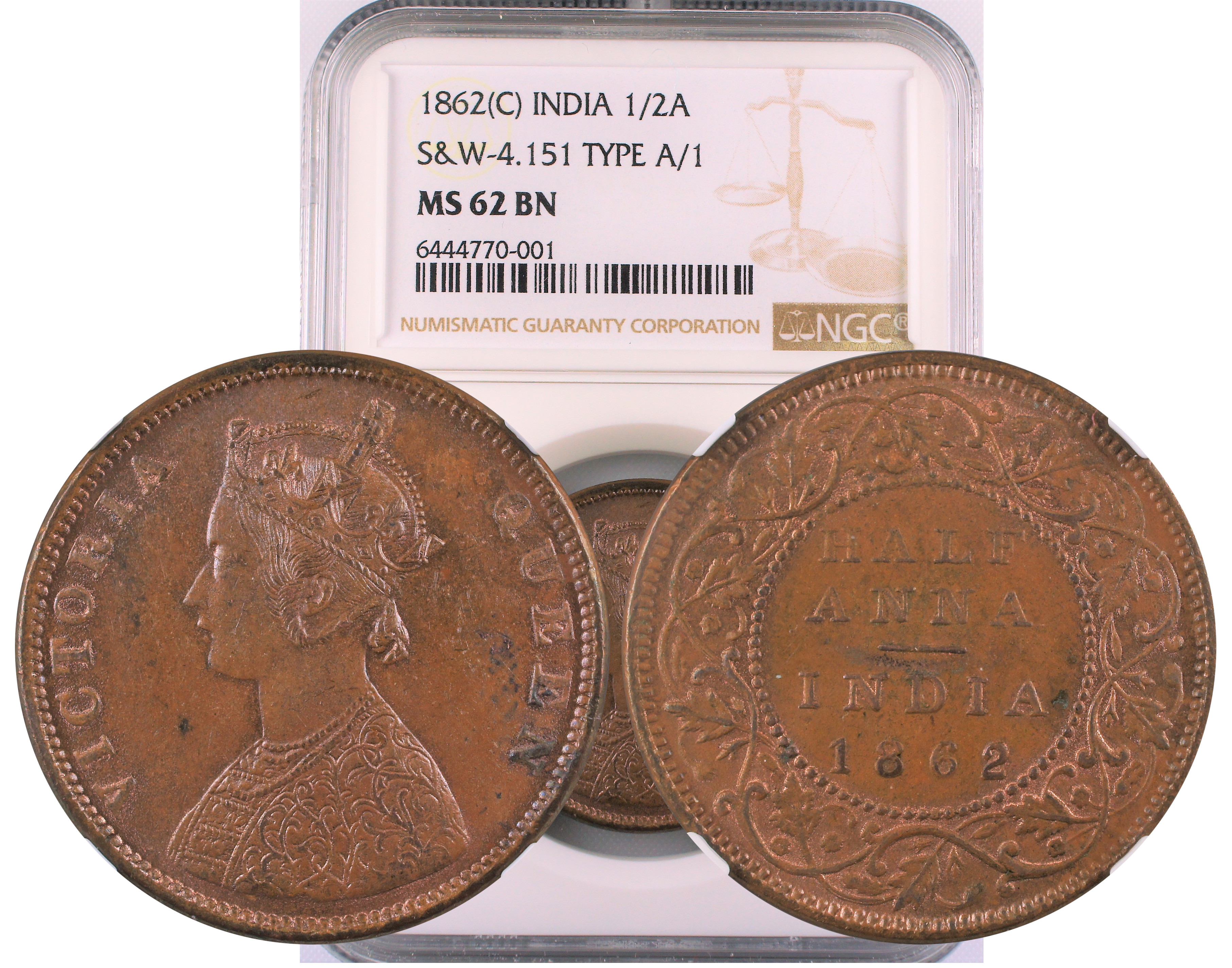 1862 C INDIA 1/2 ANNA S&W-4.151 TYPE A/1 MS62 BN