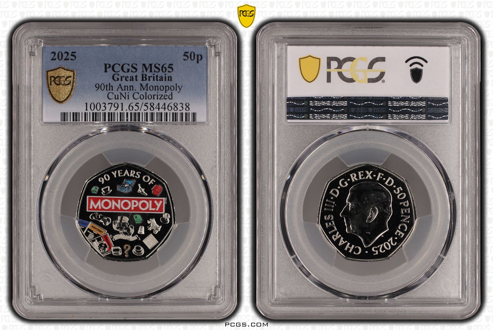 Great Britain, Charles III, 90th Ann. Monopoly CuNi Colourised, Fifty Pence, 2025, PCGS MS65