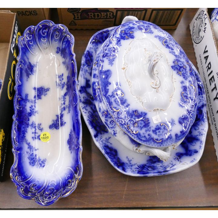 3pc Flow Blue Platter and Servers- largest 13''