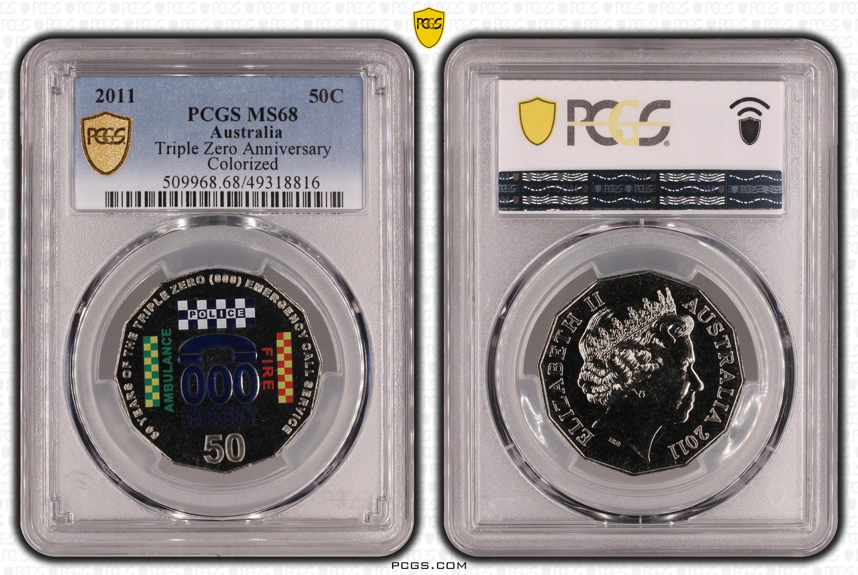 125 · Triple Zero Anniversary Colourised, Fifty Cent, 2011, PCGS MS68