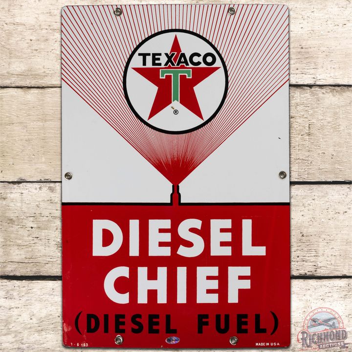 1963 Texaco Diesel Chief SS Porcelain Gas Pump Plate Sign "White T"