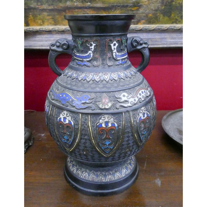 Old Japanese Champleve Bronze Handled Vase- 17''