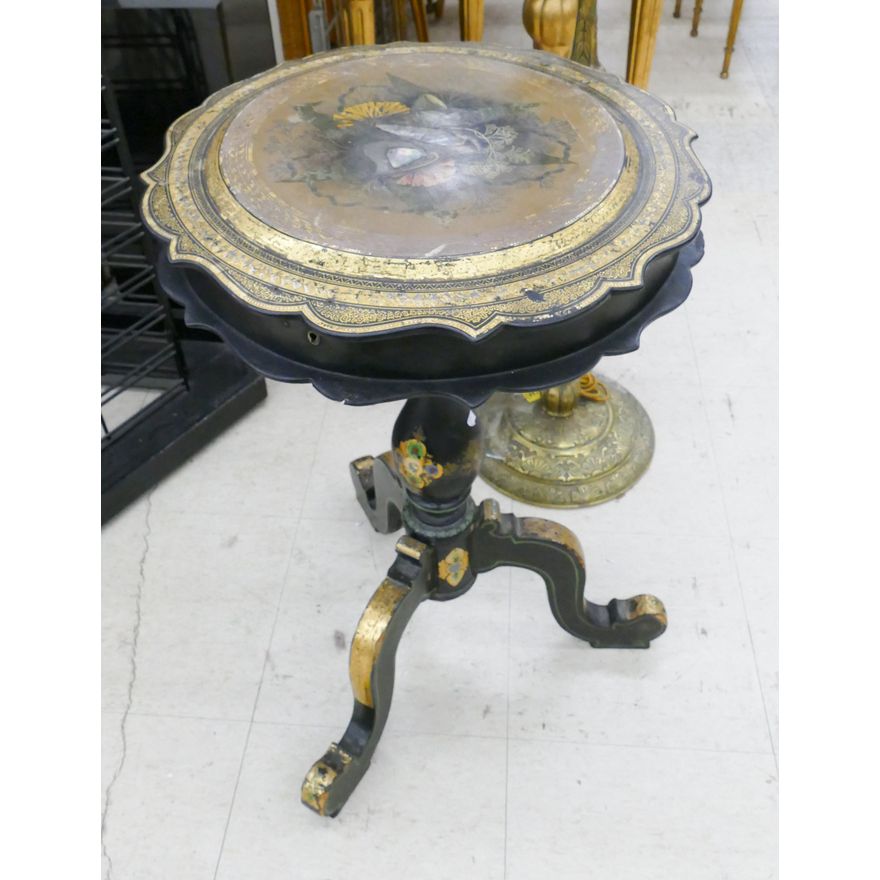 Victorian Gilt Papier Mache Abalone Inlaid Sewing Stand (broken Hinge) 28x18''