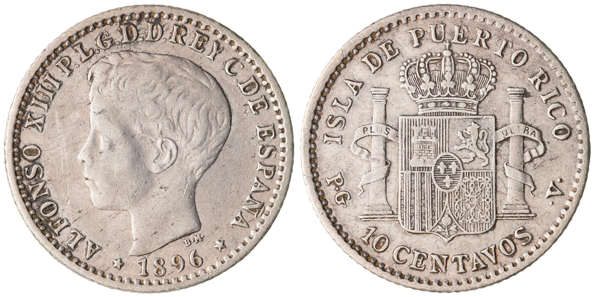 Puerto Rico, Alfonso XIII, Ten Centavos, 1896, gF