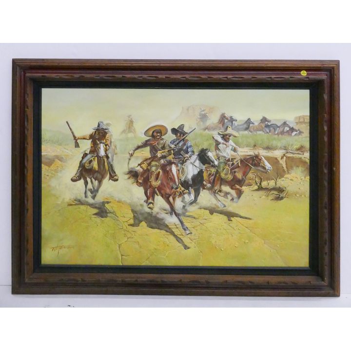 Thomas Morman Mexican Cowboy Western Scene Oil Painting- Framed 32x44''