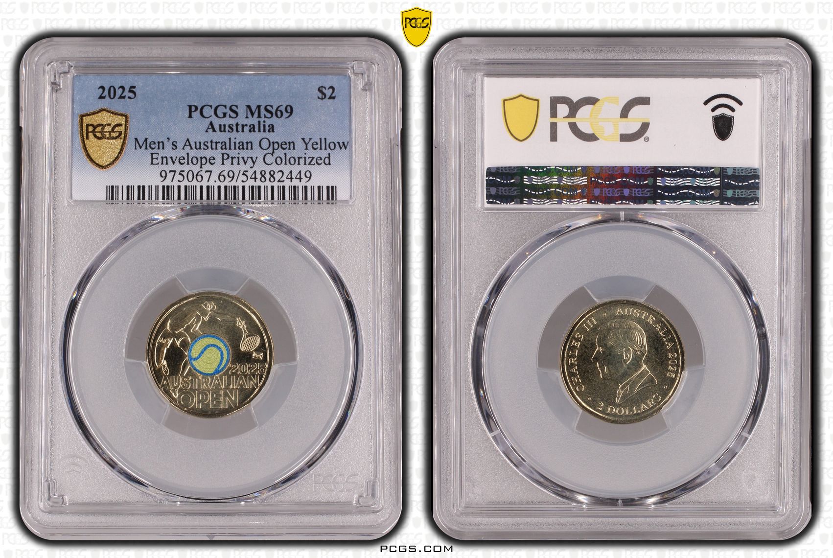Men's Australian Open Yellow Envelope Privy Colorized, Two Dollar, 2025, PCGS MS69