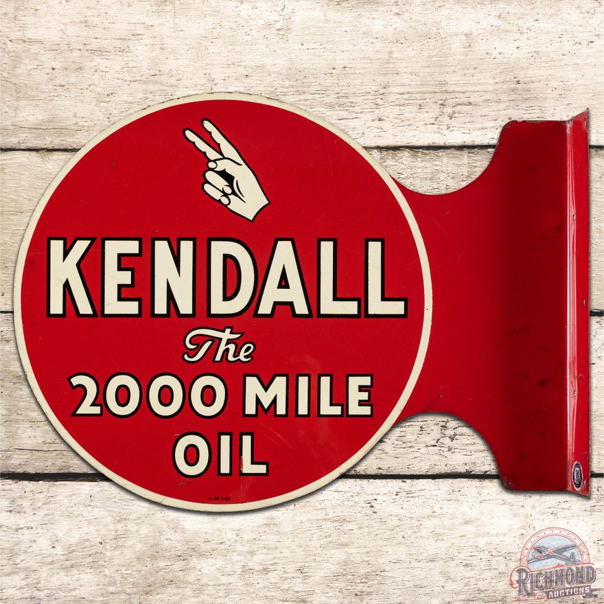 1950 Kendall The 2000 Mile Oil DS Tin Flange Sign w/ Logo