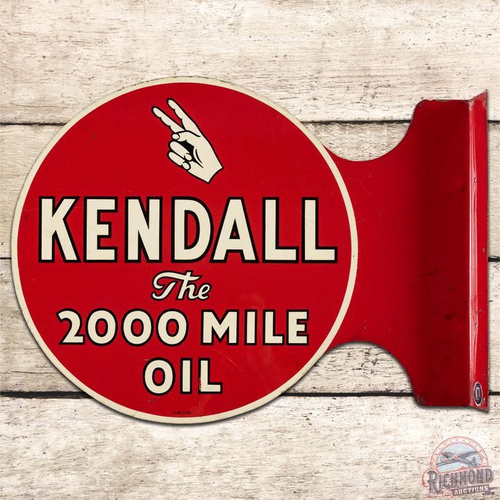 1950 Kendall The 2000 Mile Oil DS Tin Flange Sign w/ Logo