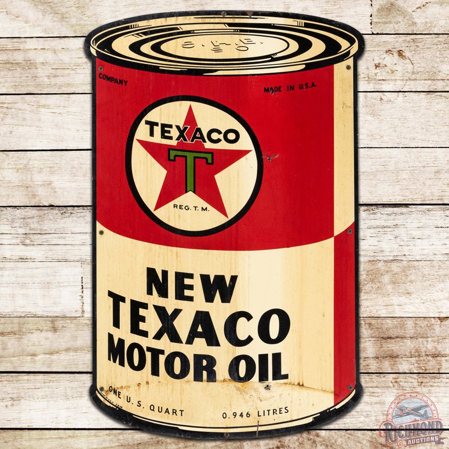 1936 Texaco New Motor Oil SS Tin Quart Oil Can Shaped Sign