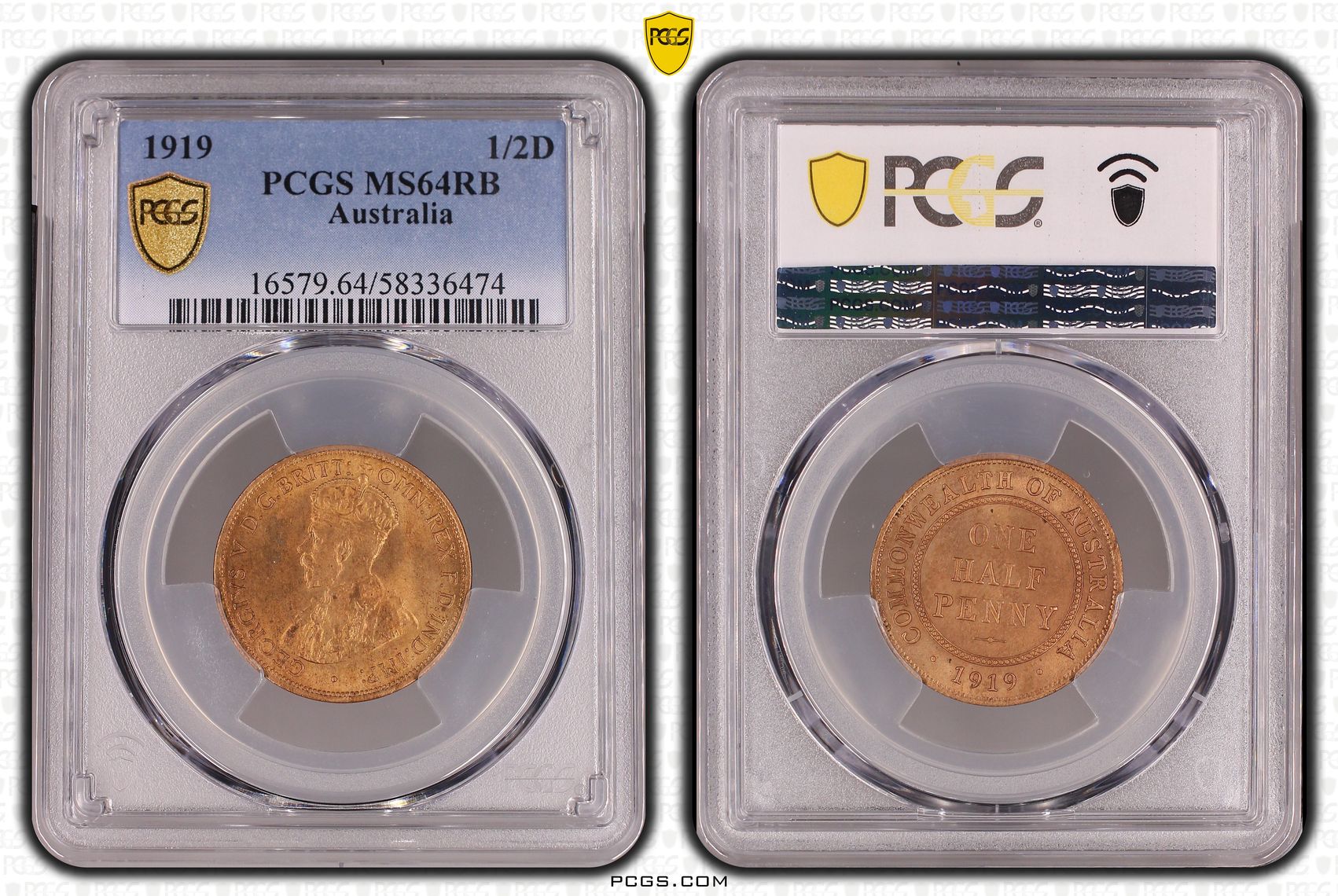 George V, Half Penny, 1919, PCGS MS64RB