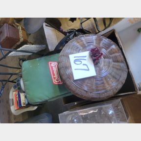 Coleman water cannister and woven sewing basket
