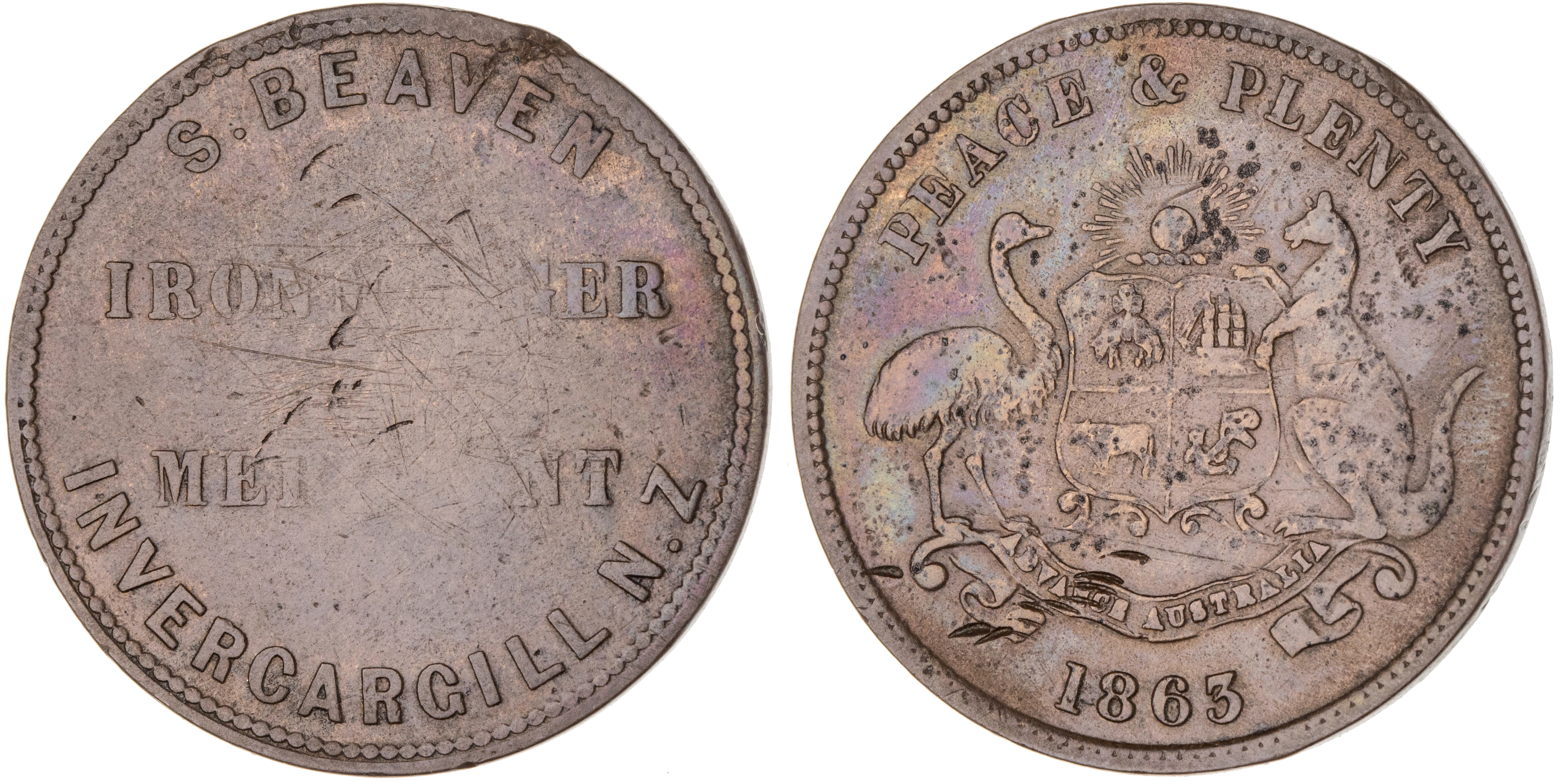 Invercargill, New Zealand, S. Beaven, Penny, 1863, Fine