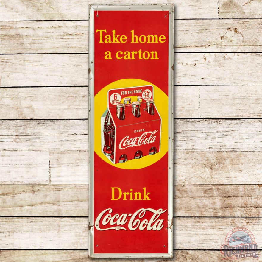 1936 Drink Coca Cola Take Home A Carton w/ 6 Pack Tin Sign