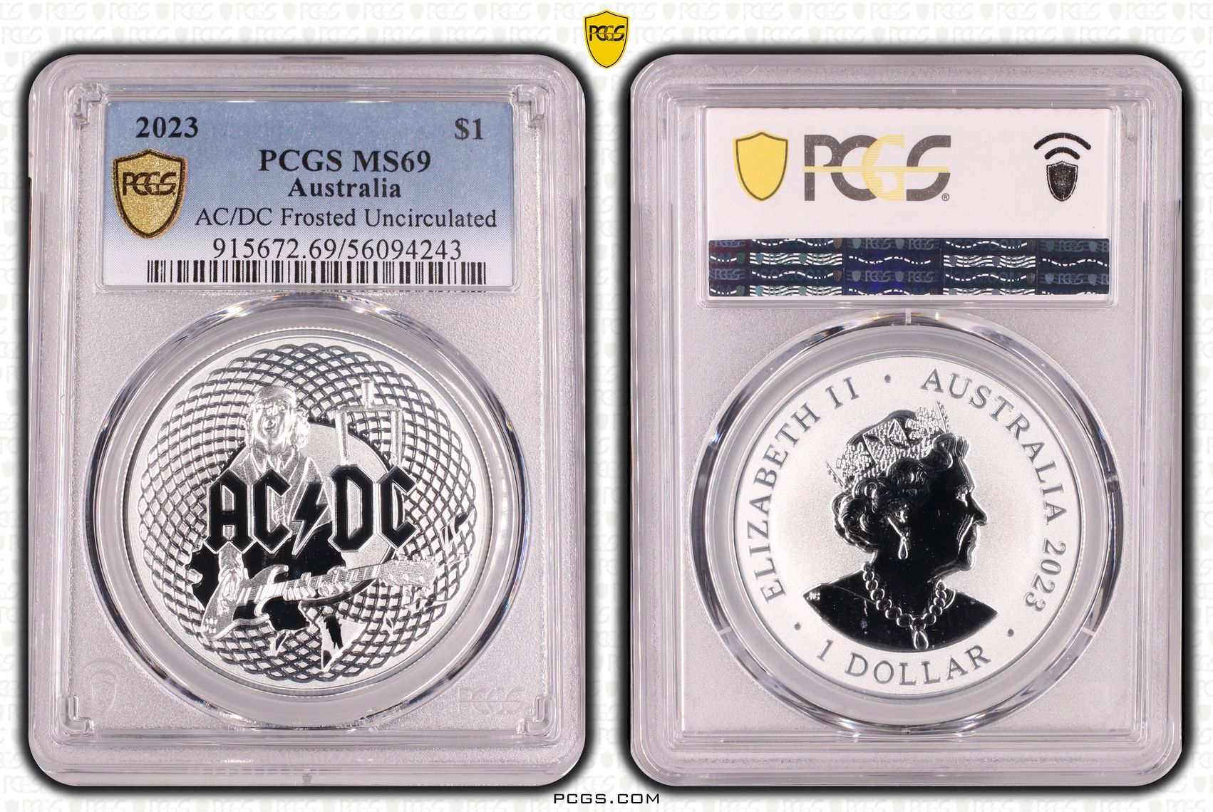 AC/DC Frosted Uncirculated, One Dollar, 2023, PCGS MS69