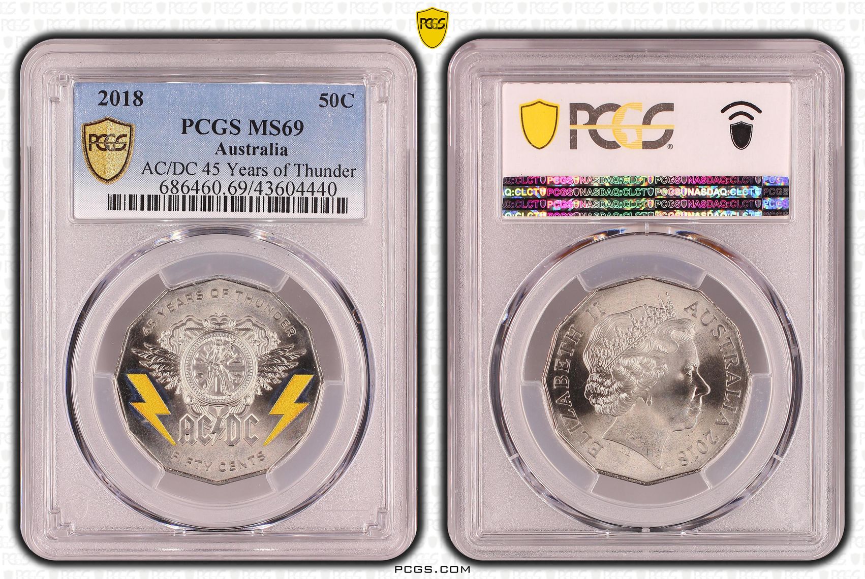 2018 Australia Fifty Cent, 50c AC/DC 45 Years of Thunder PCGS - MS69 -440