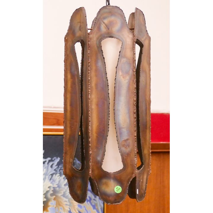 Midcentury Brutalist Torch Cut Steel Pendant Lamp- 21x8''