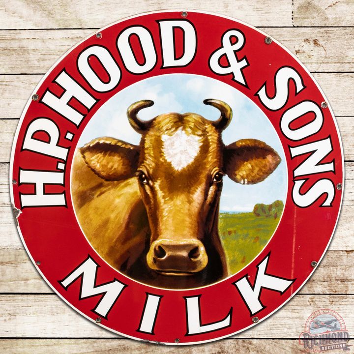28" HP Hood & Sons Milk SS Porcelain Sign w/ Cow