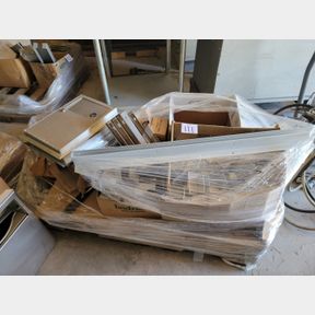 Pallet of stall wall stainless caps, Alum brackets, in-wall napkin recepticle
