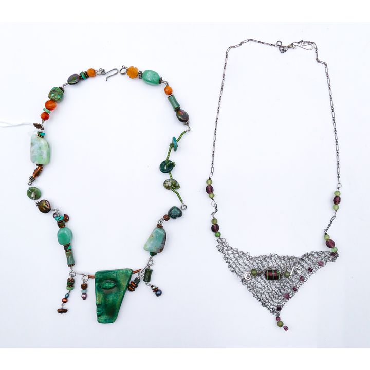 2pc Modern Art Woven and Raku Pendant Necklaces