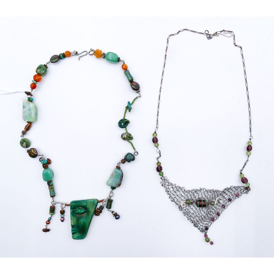 2pc Modern Art Woven and Raku Pendant Necklaces