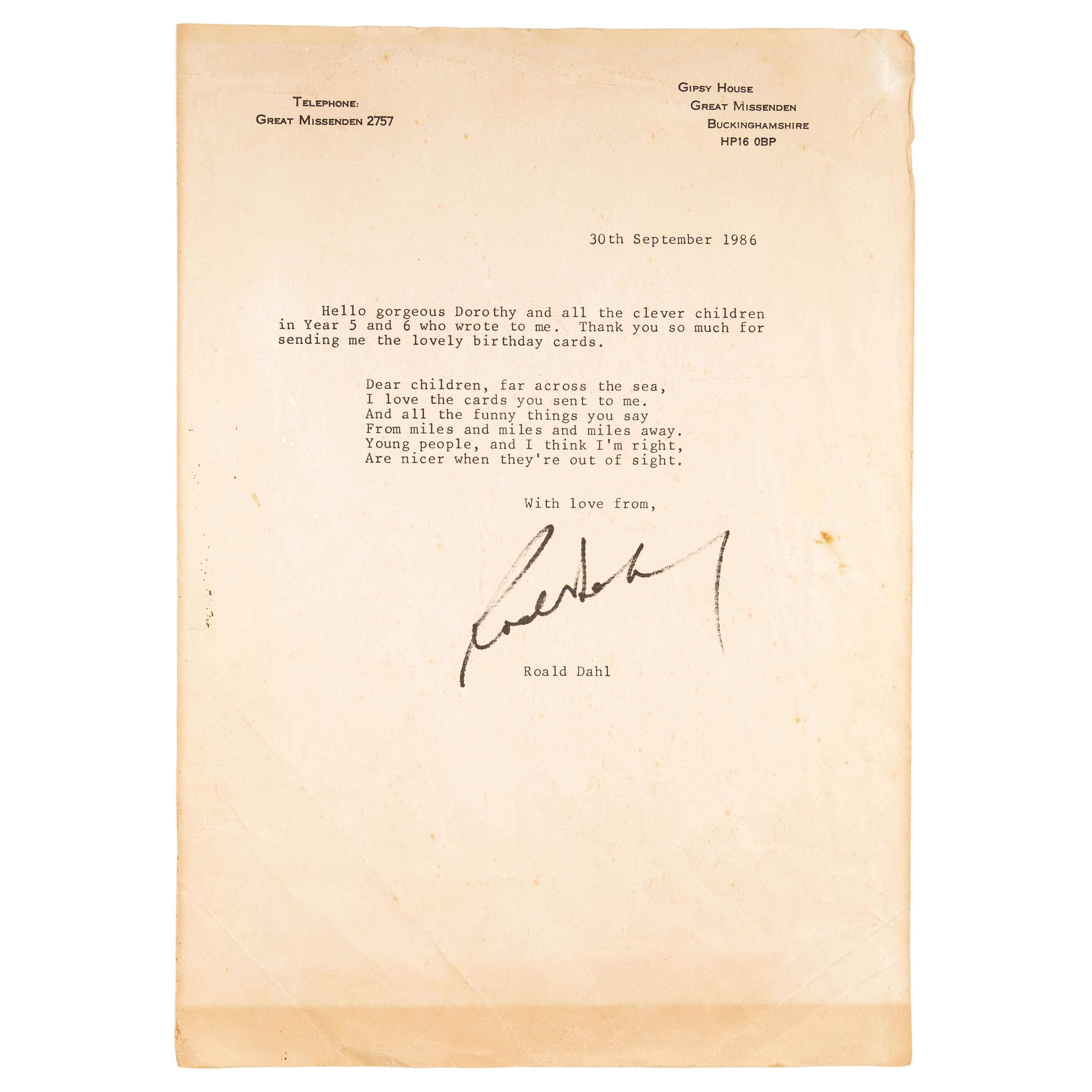58 · Great Britain, Roald Dahl Signed Letter to Australian Schoolchildren, 1986,  VF