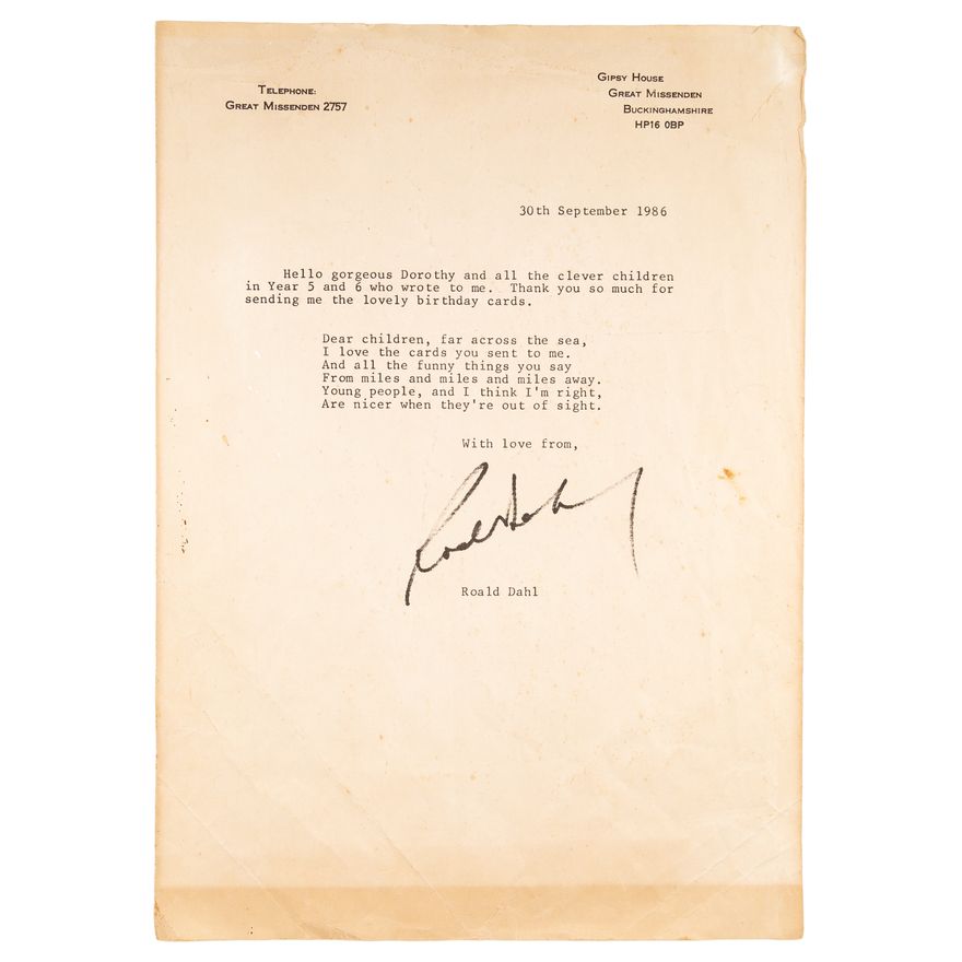 Great Britain, Roald Dahl Signed Letter to Australian Schoolchildren, 1986,  VF