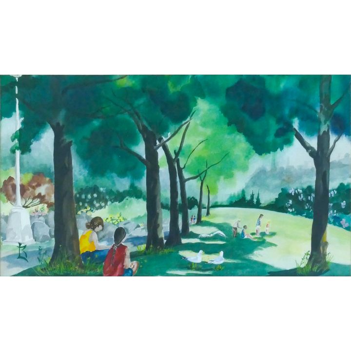 Vintage Park Scene Watercolor Initialed LB Framed 20''x28''