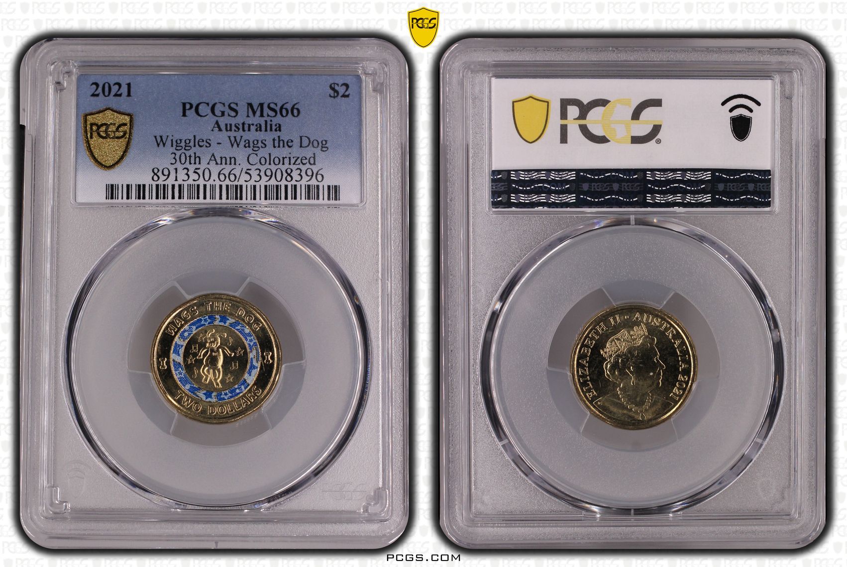 Wiggles - Wags the Dog 30th Ann. Colourised, Two Dollar, 2021, PCGS MS66