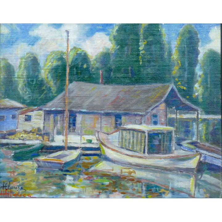 Howard House (OR) Boat House Oil Painting Framed 21.5''x25.5''
